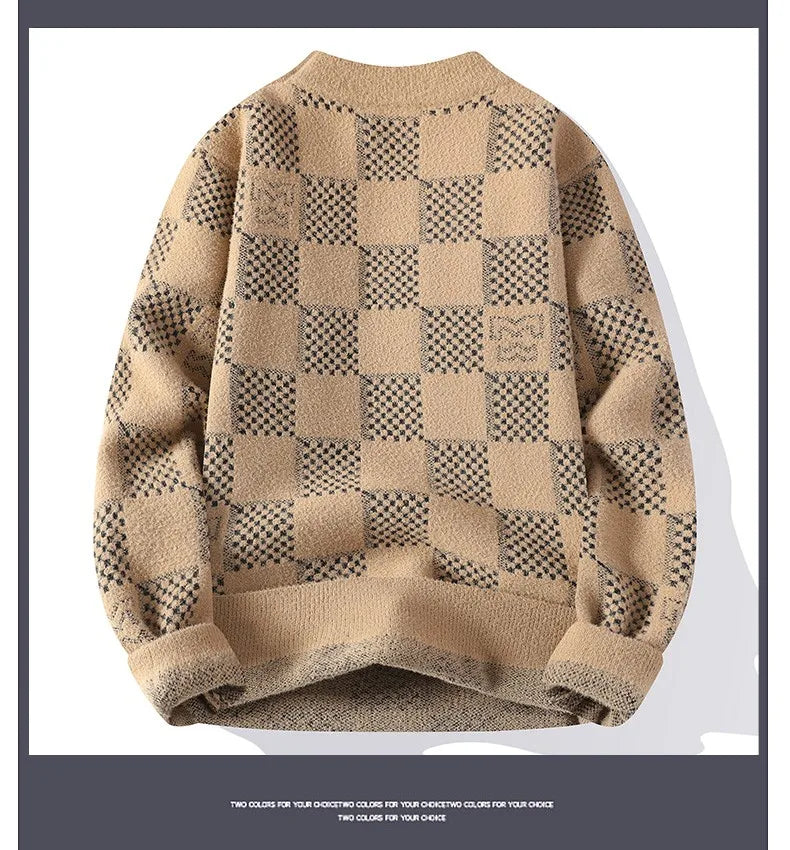 New Checkered Knitted Sweater American Trendy Men's Tops Classic Autumn Knitted Hoodie Fashionable Slimming Harajuku-Style Heaven