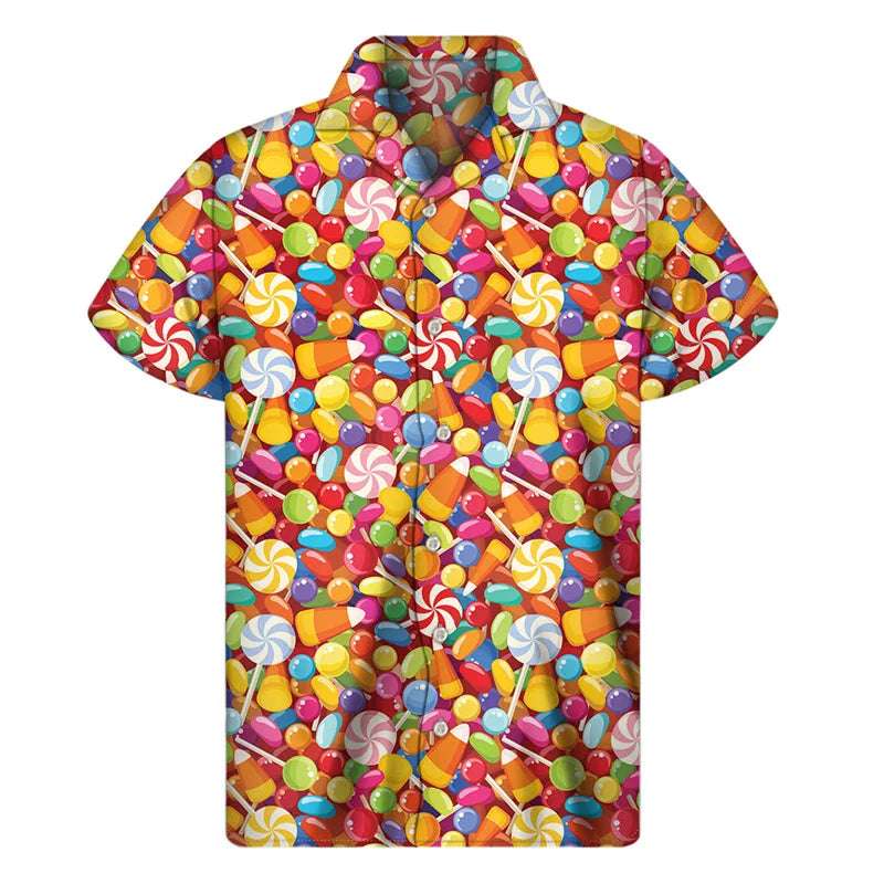 Clothing Tops - Colorful Candy Lollipop Hawaiian Shirt For Men 3D Print Fudge Lapel Shirts Fashion Short Sleeve Street Button Blouse