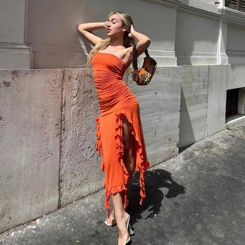 Elegant Strapless Dress For Women Summer Trend Irregular Tassel Skinny Split Long Dress Party Clubwear 2024 Women Outfit - Clothing in ##color## by Style Heaven | High-Quality & Trendy Fashion