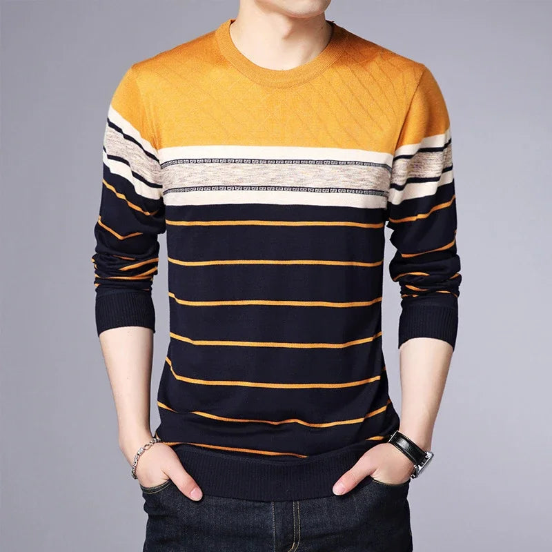 Men's Casual Striped Knit Spring and Autumn Long Sleeved Pullover Fashion Top-Style Heaven