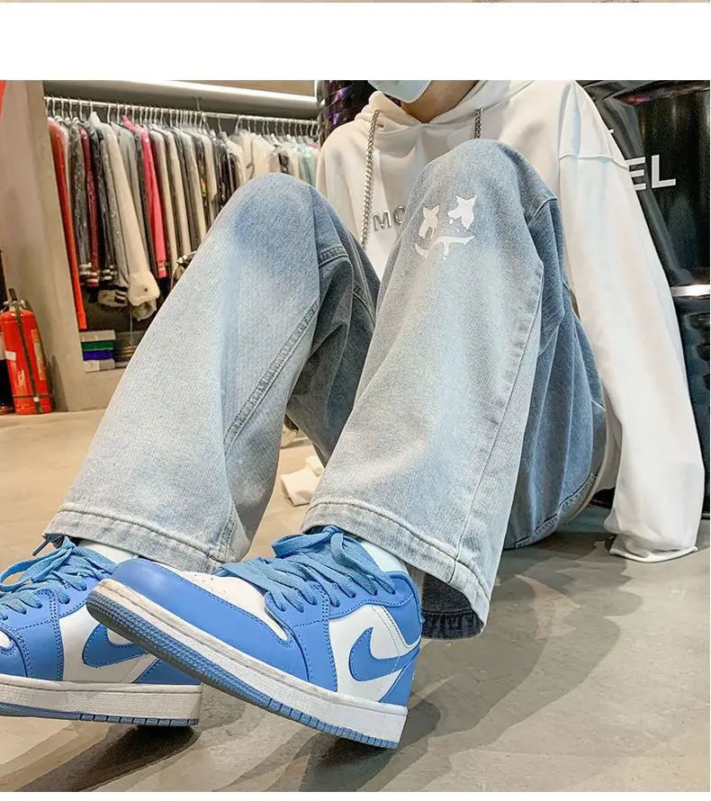 Male New Straight Vintage Gradient Washed Denim Pants Baggy Light Blue Black Casual Jeans  Printed  Fashion Hip Hop Streetwear-Style Heaven