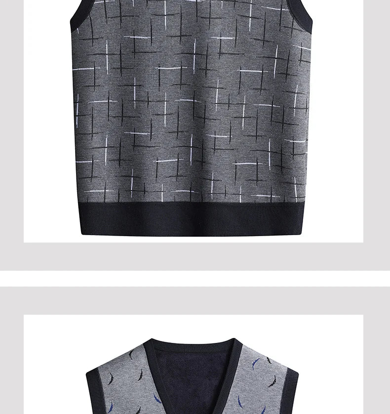 Men‘s V-neck Sweater Vest Autumn Winter Fleece Lining Knit Waistcoat Warm Homme Clothes Fashion Pullover-Style Heaven