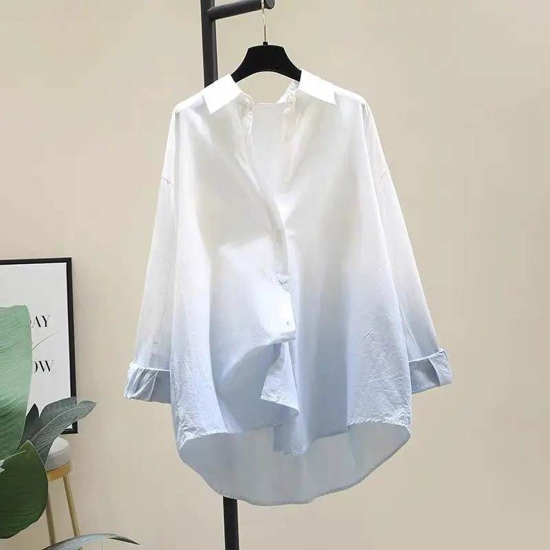 100% Pure Cotton Gradient Long Sleeved Shirt Spring Autumn New Casual Loose Loose Blouse Tops Commuting Trendy Clothes for Women-Style Heaven