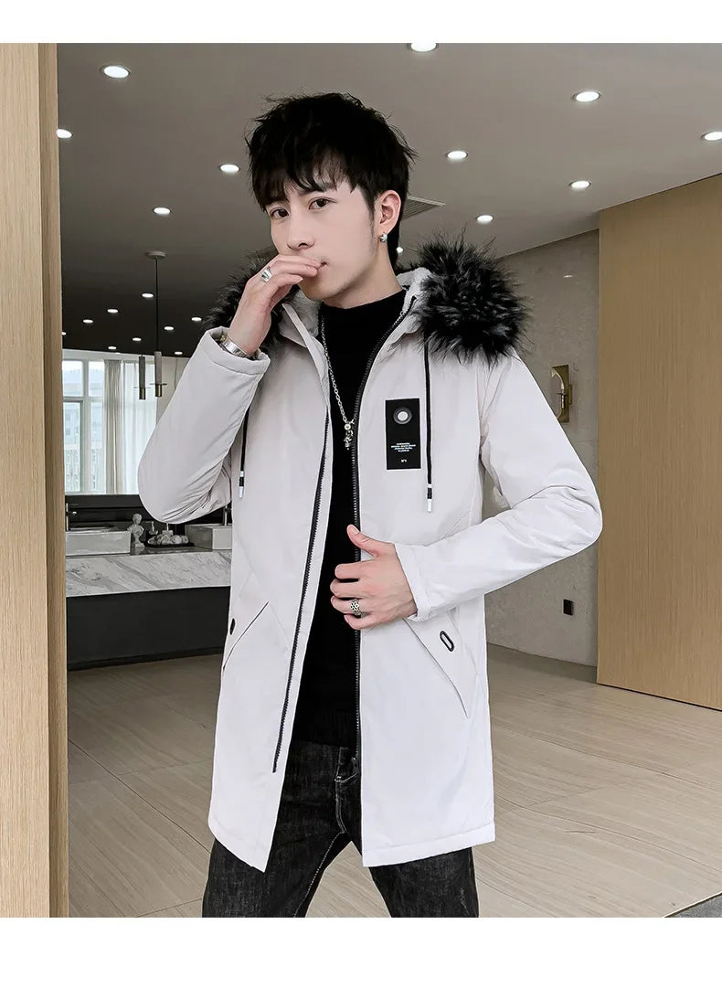 New Men's Medium-Length Thickened Cotton Jacket With Hoodie Warm Anti-Cold Loose Fit From China Mainland For All Seasons-Style Heaven