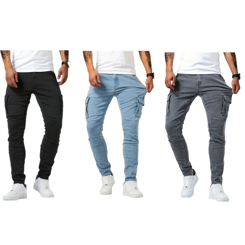 Men Elastic Skinny Jeans Soild Denim Pants Slim Fit Casual Jeans Multi Pocket Cargo Pants Fashion Casual Trousers Man Clothing-Style Heaven