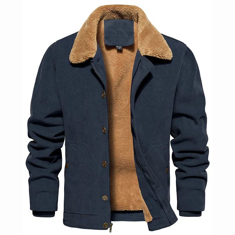 Men's Winter Corduroy Jacket Fleece Warm  Lined Cargo Work Jacket Casual Thick Sherpa Collar Trucker Deck Navy Coats-Style Heaven