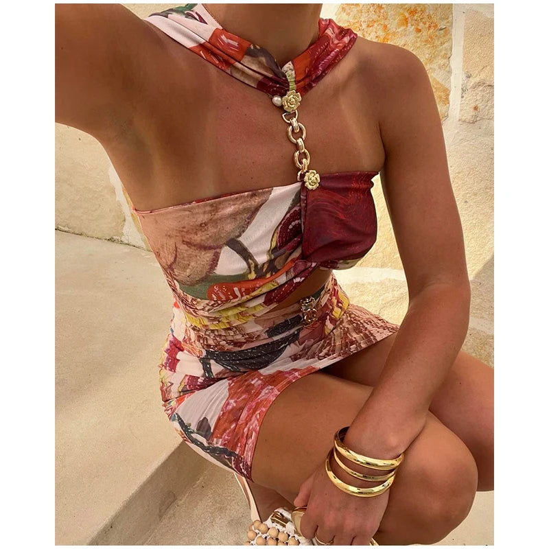 Chic Print Metal Ring Buckle Splicing Women Mini Dress Sexy Hollow Out Backless Fold Slim Dresses Lady New Evening Party Gown - Clothing in ##color## by Style Heaven | High-Quality & Trendy Fashion