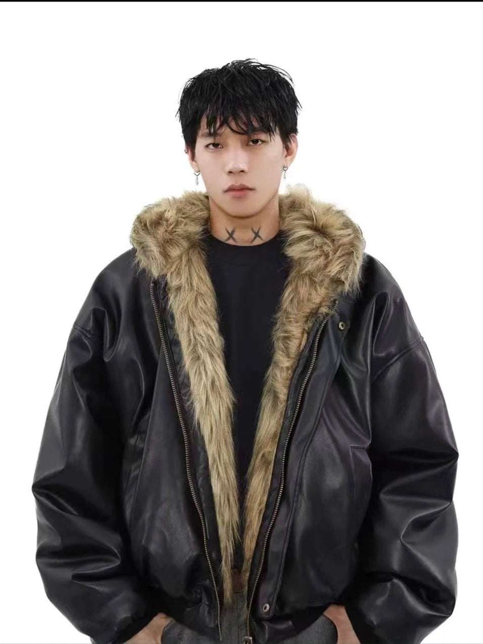 Outerwear - American Style Men's Padded Jackets PU Leather Reversible Faux Fur Fleece Thickened Solid Color Loose Male Coats Tide 9W161