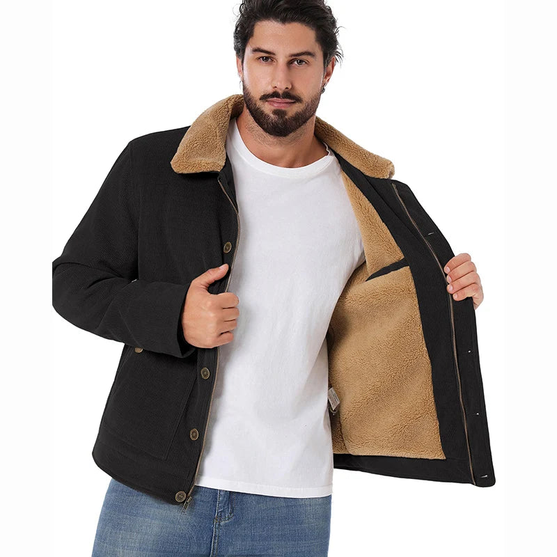 Men's Winter Corduroy Jacket Fleece Warm  Lined Cargo Work Jacket Casual Thick Sherpa Collar Trucker Deck Navy Coats-Style Heaven