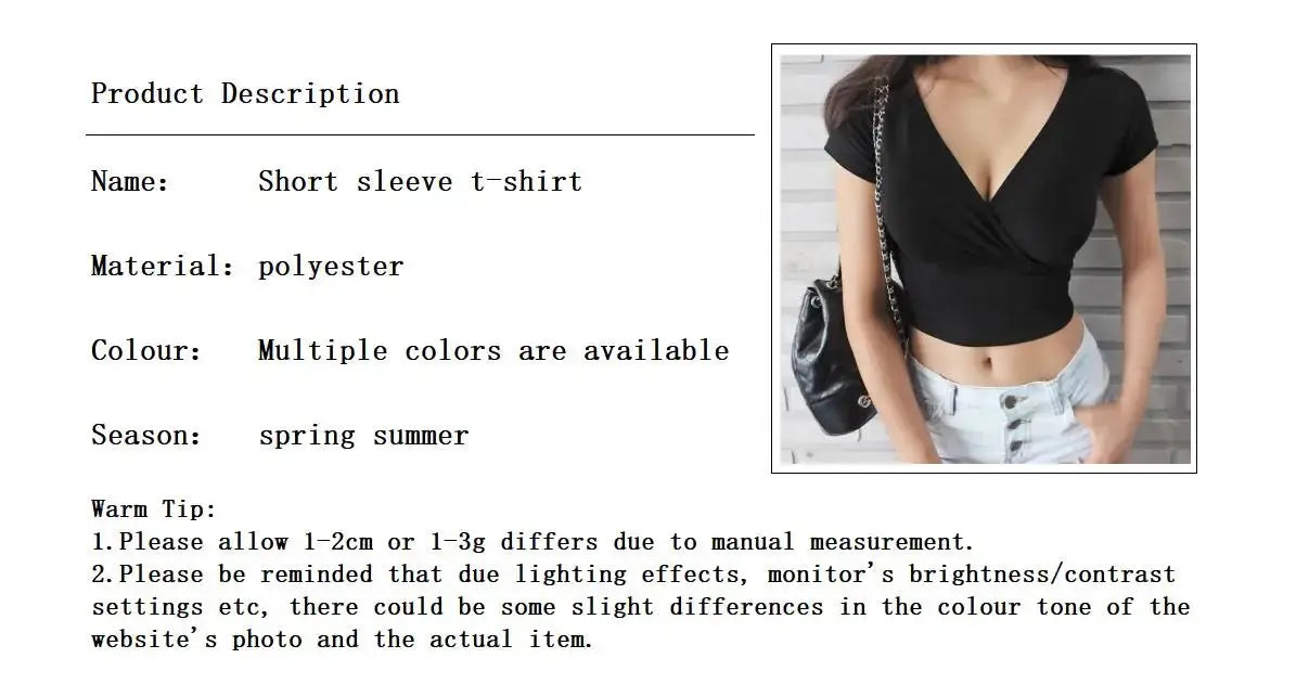 New Summer Black Sexy V-neck T-shirt Short Sleeve Y2k Crop Top Women Clothes Streetwear Korean Fashion Corset Tops T-shirts-Style Heaven