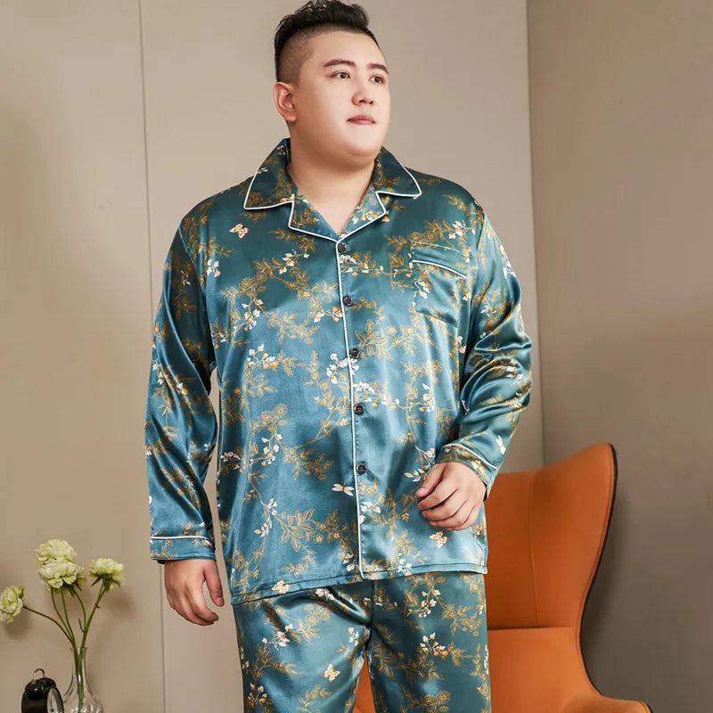 5XL Big Size Pajamas For Men 165KG Spring Summer Ice Silk Satin Cool Pajama Man Set Casual Loose Luxury Print Sleepwear Pijama-Style Heaven