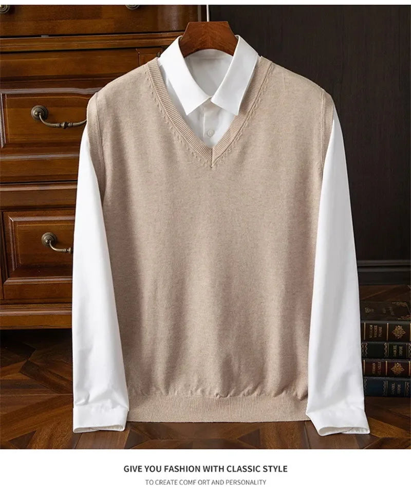 Cashmere Knitted Sweater Vest Men's Clothing V-neck Solid Color Pullover Camisole Bottom Spring Autumn Tops-Style Heaven