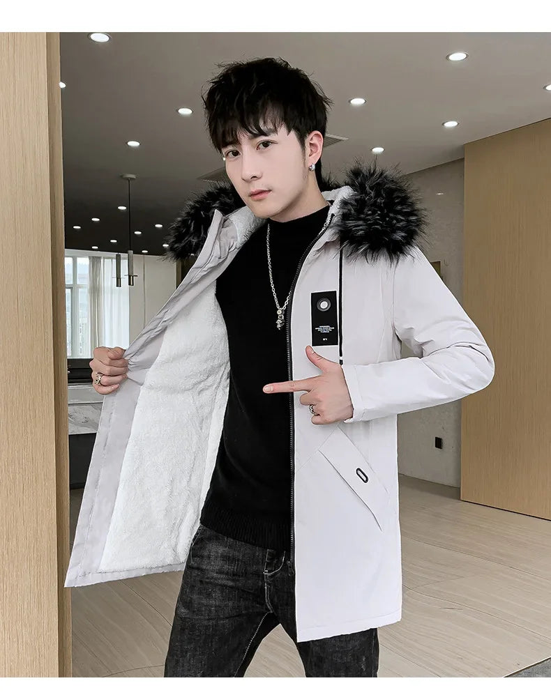 New Men's Medium-Length Thickened Cotton Jacket With Hoodie Warm Anti-Cold Loose Fit From China Mainland For All Seasons-Style Heaven