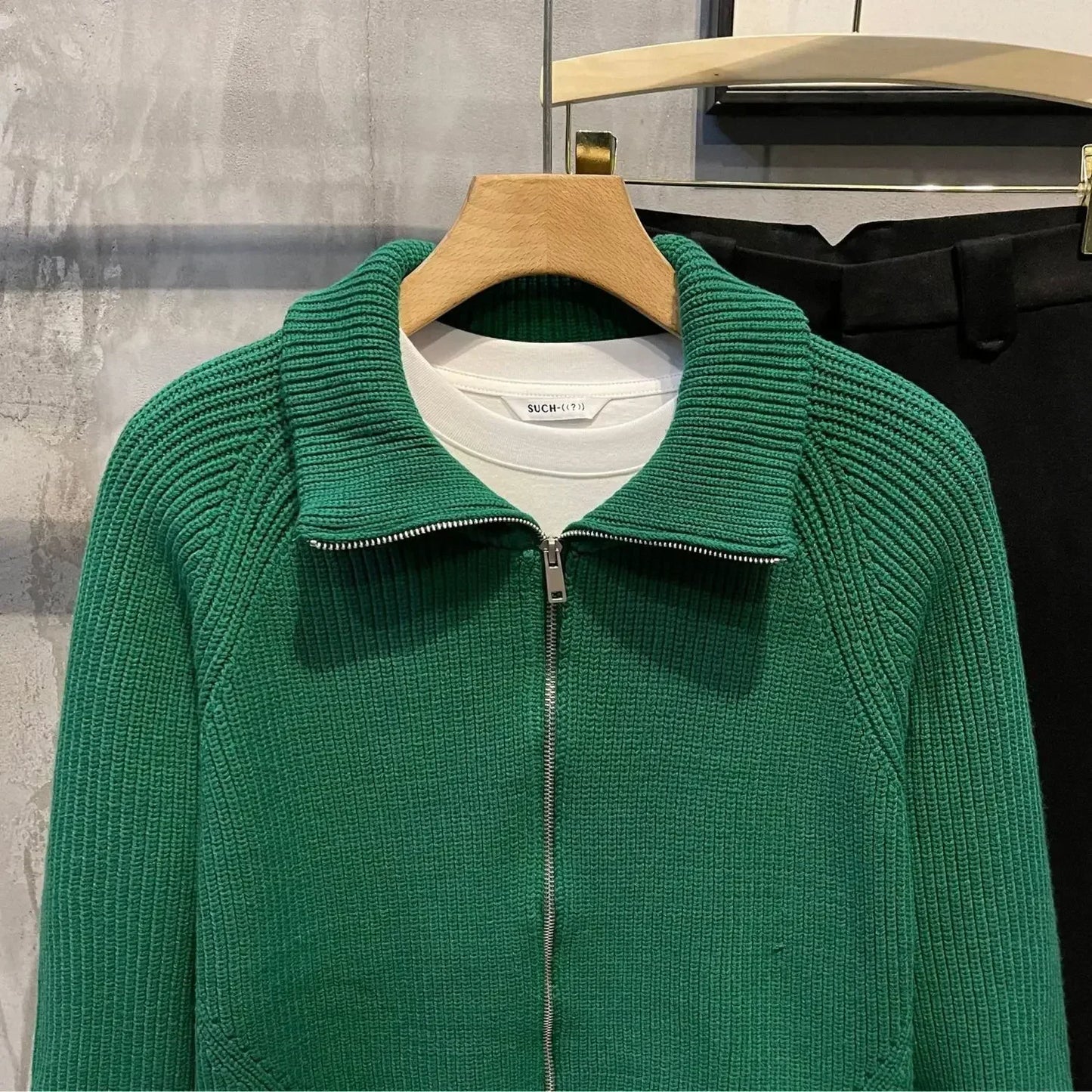 Men's Clothing Zip-up Jacket Knit Sweater Male Zipper Plain Green Solid Color Cardigan with Pockets Coat 2024 Trend Loose Fit V-Style Heaven