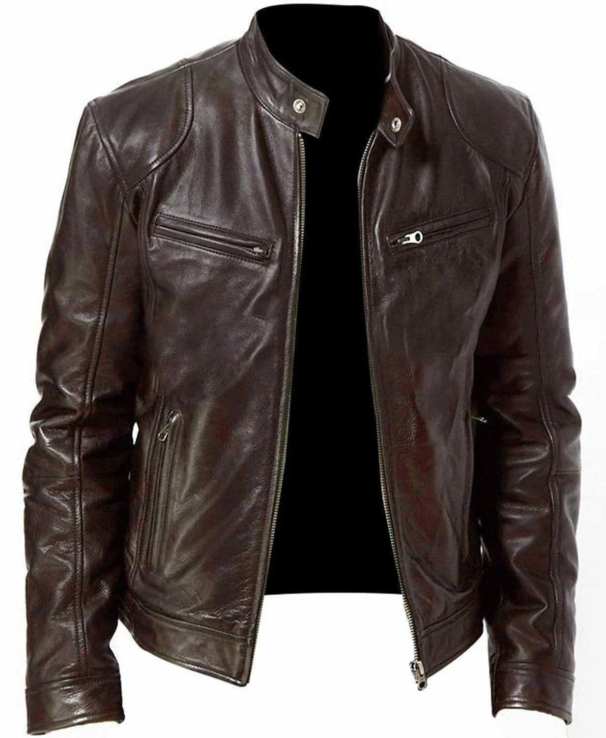 Fall and Winter Men's Leather Jacket Men's Stand-up Collar Jacket Zipper Biker Leather Jacket Casual Slim Leather Jacket-Style Heaven