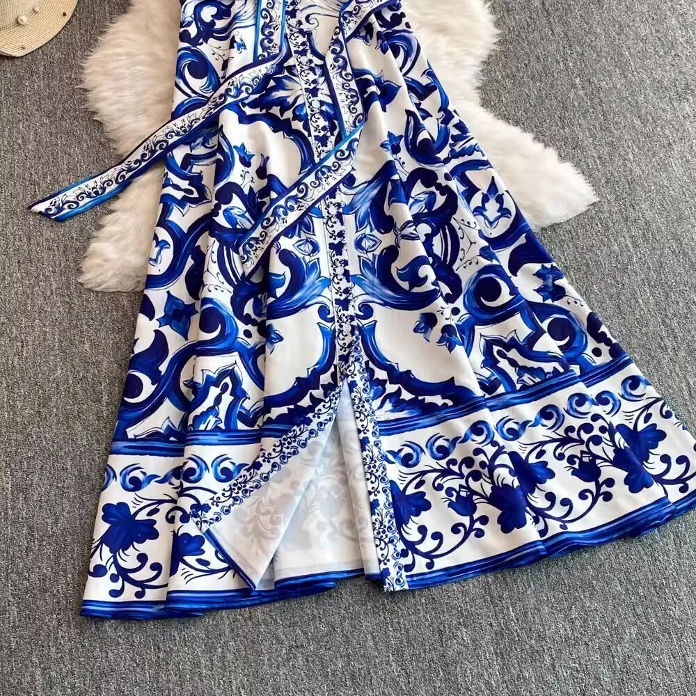 2025 Summer Blue White Porcelain Print Long Dress Shirt Women Single Breasted Flying Sleeve Elegant Floral Party Maxi Vestidos-Style Heaven