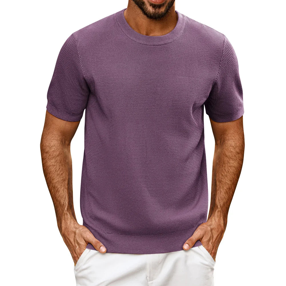 PJ Men Gentleman Basic Textured Knitted T-Shirt Short Sleeve Crew Neck Tops Knitwear High Stretch Fashion - Clothing Tops in ##color## by Style Heaven | High-Quality & Trendy Fashion