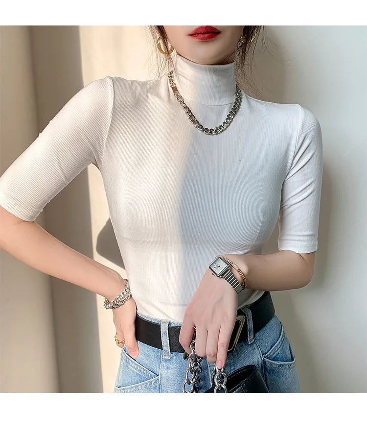 Basic Cotton T Shirt Women Turtleneck Slim Tshirt Short Sleeve T-shirts Female Casual Elasticity White Tee Shirt Femme Woman Top