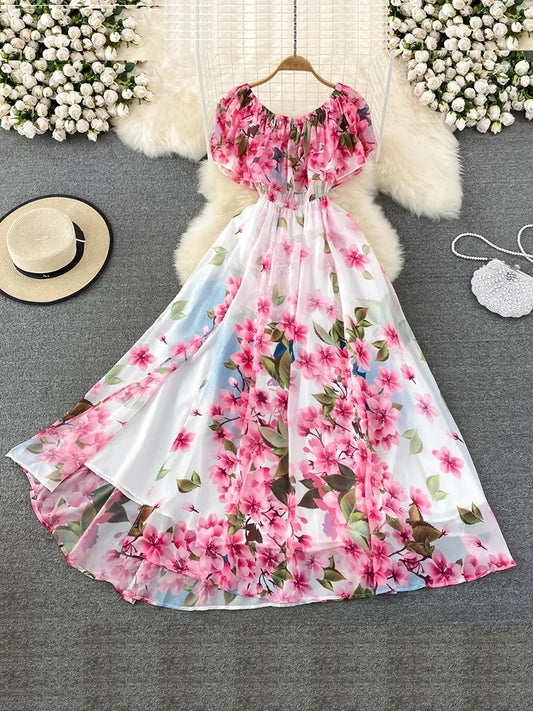 Summer New Ruffled One-word Collar Print Worn Twice Long Dress High Waist Thin Super Fairy Big Swing Vestidos Women D1505 - Clothing in ##color## by Style Heaven | High-Quality & Trendy Fashion