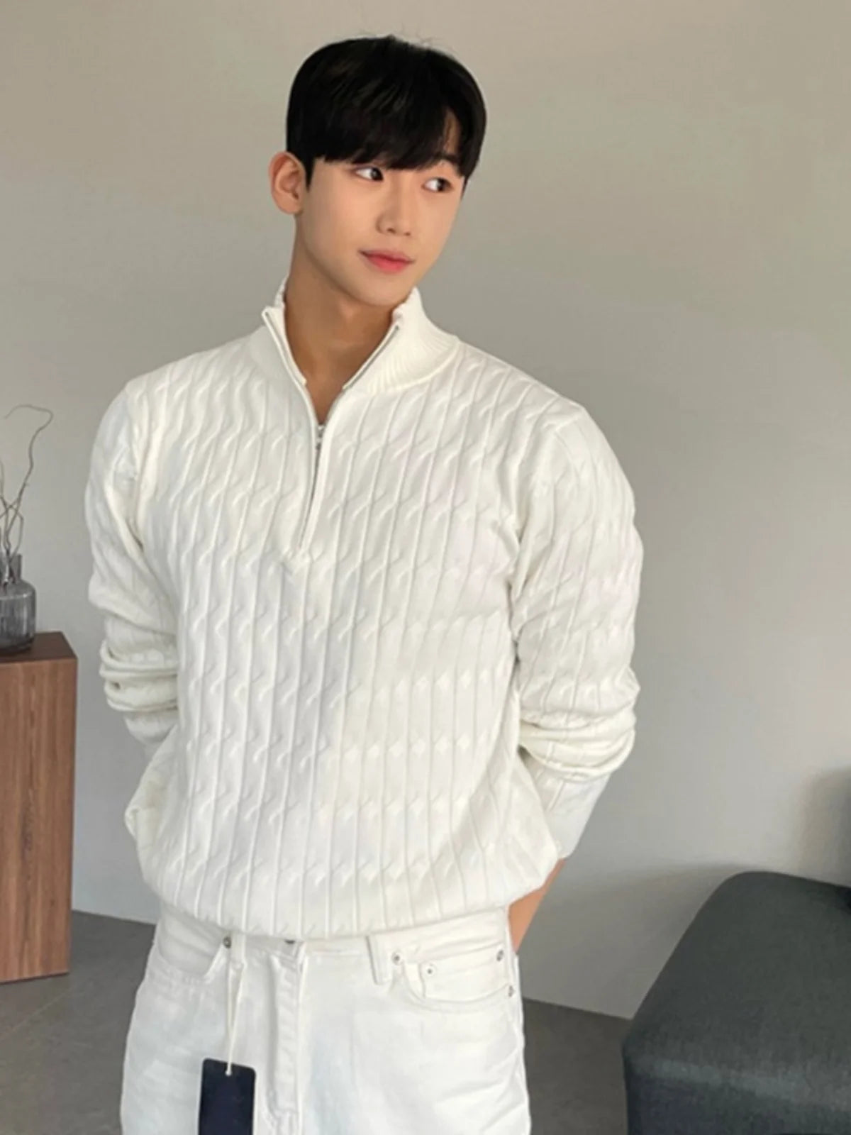 High-Neck Zipper Men's Knitted Sweater Long Sleeve Fashionable White Outerwear Casual Lazy Sle All-Match Spring Autumn-Style Heaven