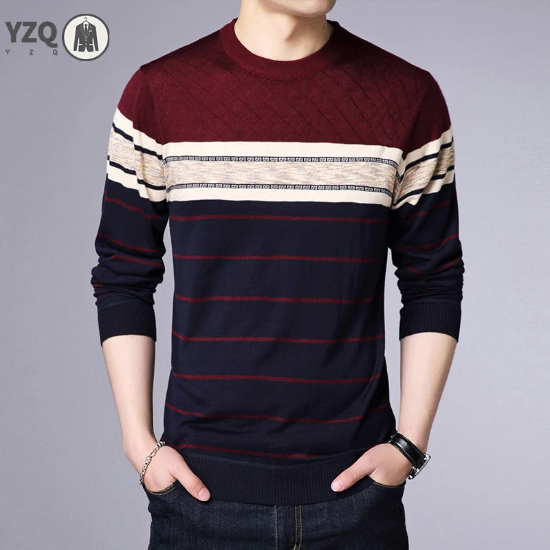 Men's Casual Striped Knit Spring and Autumn Long Sleeved Pullover Fashion Top-Style Heaven