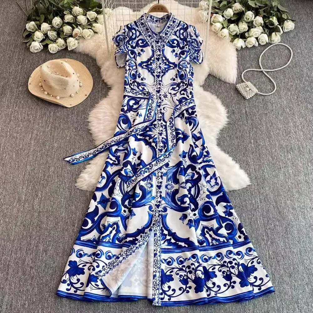 2025 Summer Blue White Porcelain Print Long Dress Shirt Women Single Breasted Flying Sleeve Elegant Floral Party Maxi Vestidos-Style Heaven