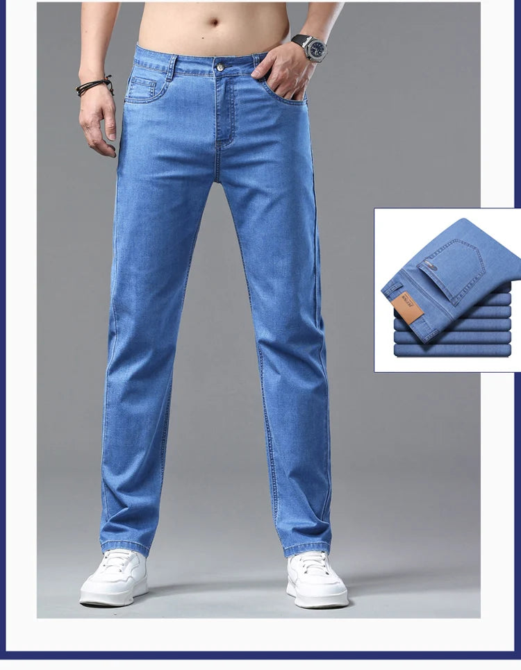 2025 Spring Summer Thin Classic Men's Business Jeans Stretch Trousers Casual Straight Denim Pants  Brand Male Clothing 28-40-Style Heaven