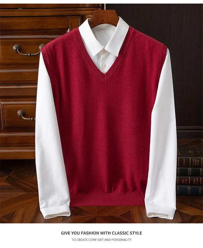 Cashmere Knitted Sweater Vest Men's Clothing V-neck Solid Color Pullover Camisole Bottom Spring Autumn Tops-Style Heaven