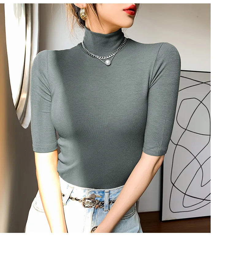 Basic Cotton T Shirt Women Turtleneck Slim Tshirt Short Sleeve T-shirts Female Casual Elasticity White Tee Shirt Femme Woman Top