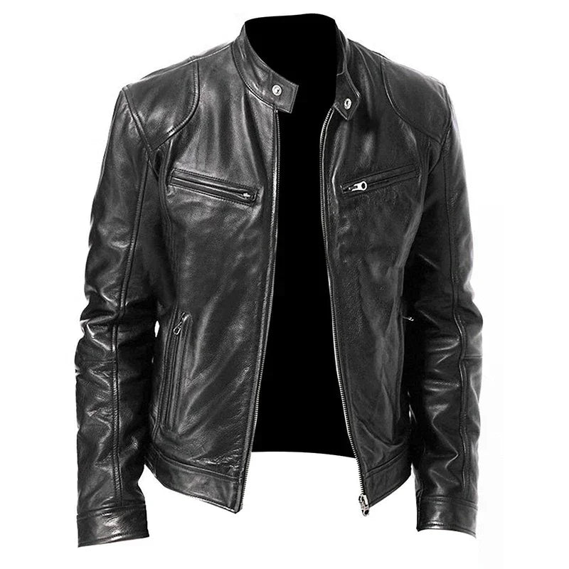 Fall and Winter Men's Leather Jacket Men's Stand-up Collar Jacket Zipper Biker Leather Jacket Casual Slim Leather Jacket-Style Heaven