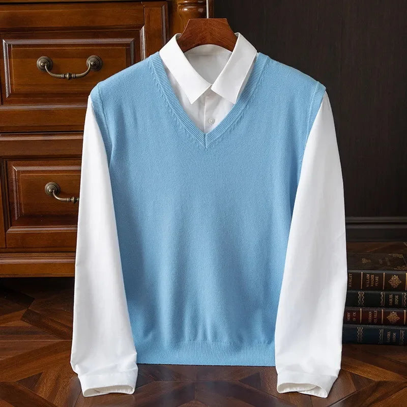 Cashmere Knitted Sweater Vest Men's Clothing V-neck Solid Color Pullover Camisole Bottom Spring Autumn Tops-Style Heaven