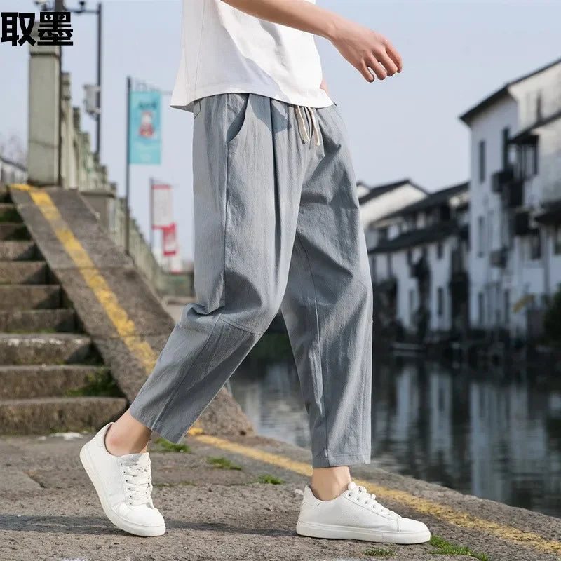 New Style Men's Cotton Linen Pants Summer Thin Loose Fit Bell Bottoms Casual Pants Simple Cropped Pants For Men - Clothing in ##color## by Style Heaven | High-Quality & Trendy Fashion