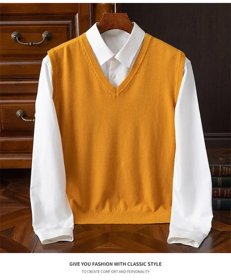 Cashmere Knitted Sweater Vest Men's Clothing V-neck Solid Color Pullover Camisole Bottom Spring Autumn Tops-Style Heaven