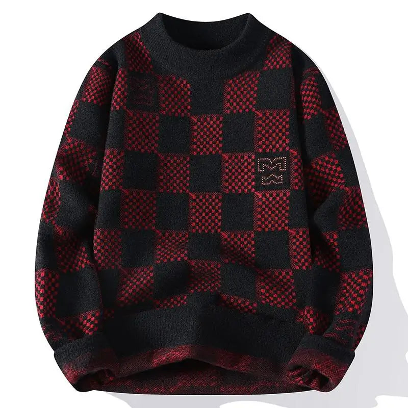 New Checkered Knitted Sweater American Trendy Men's Tops Classic Autumn Knitted Hoodie Fashionable Slimming Harajuku-Style Heaven