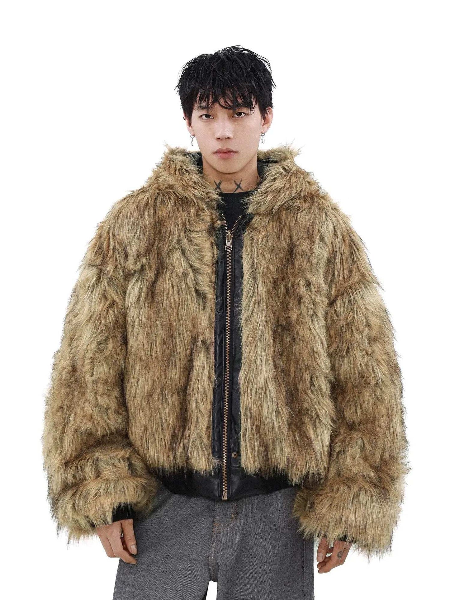 Outerwear - American Style Men's Padded Jackets PU Leather Reversible Faux Fur Fleece Thickened Solid Color Loose Male Coats Tide 9W161