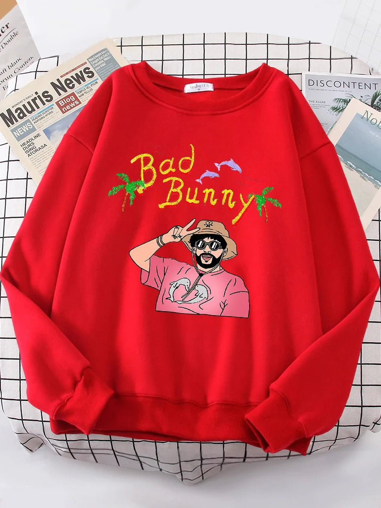 Bad Bunny Beach Vacation Printing Hoodie Woman vintage S-XXL Hoody Korean High Quality Sweatshirt Street Casual Women's Top-Style Heaven