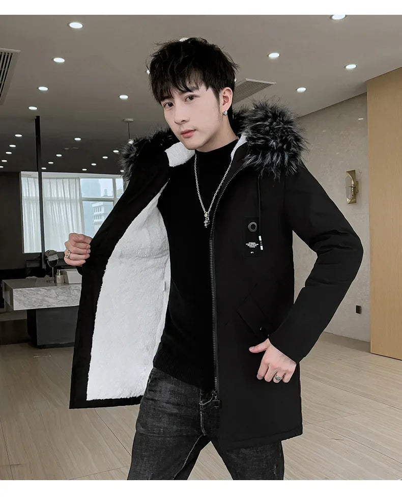 New Men's Medium-Length Thickened Cotton Jacket With Hoodie Warm Anti-Cold Loose Fit From China Mainland For All Seasons-Style Heaven