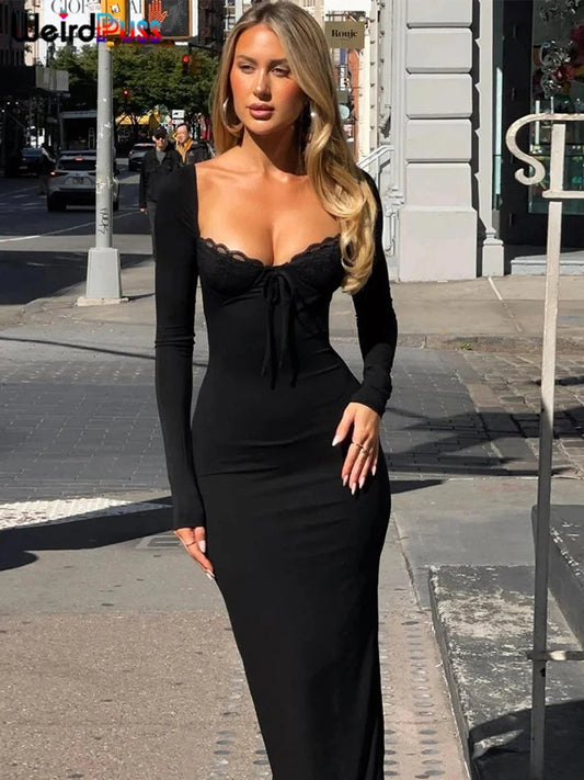 Elegant Bandage Dress Women Mesh Patchwork Square Collar Full Sleeve Stretch Robe Street Trend Classic Long Bodycon-Style Heaven