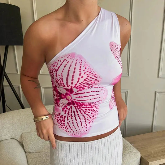 Floral Print Fitted Tops Women Resort Wear Graphic Tees Summer Casual One Shoulder Slash Backless Tank Top-Style Heaven