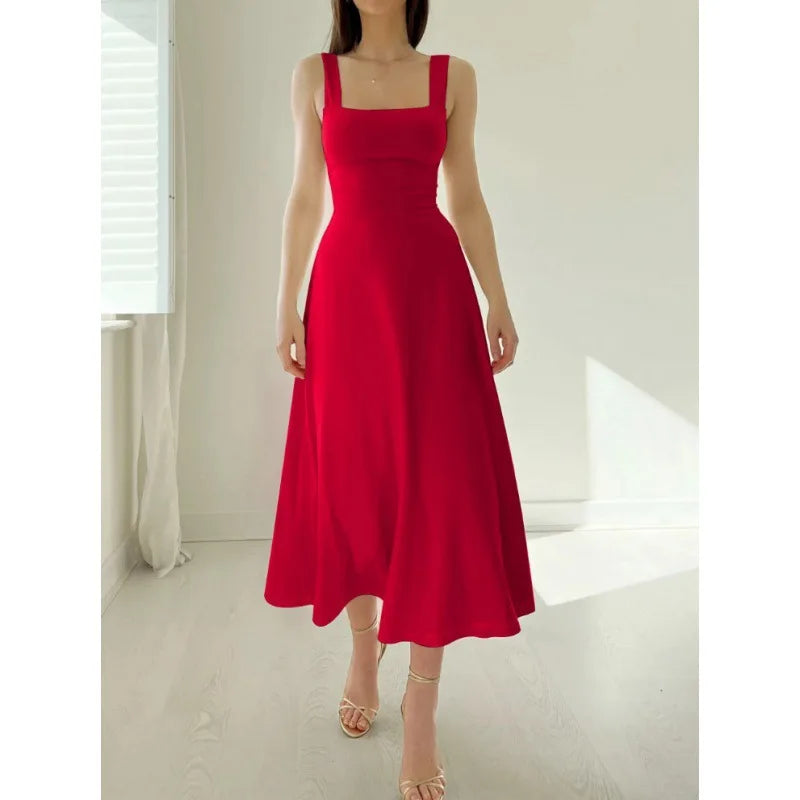 2025 Women Summer Dress Square Collar New Thick Shoulder Straps Slim Waist Dresses Solid Temperament Elegant Female Vestidos-Style Heaven