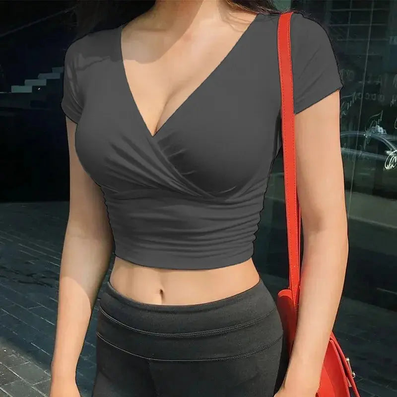 New Summer Black Sexy V-neck T-shirt Short Sleeve Y2k Crop Top Women Clothes Streetwear Korean Fashion Corset Tops T-shirts-Style Heaven