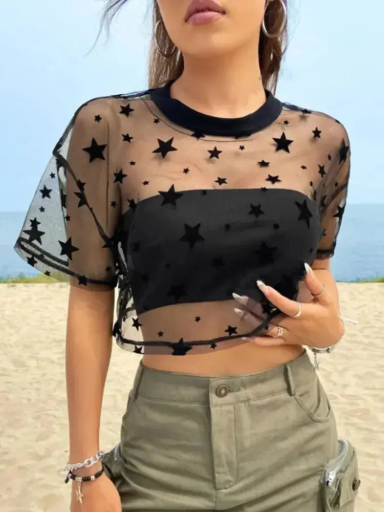 Summer Outfits Star Print Drop Shoulder Crop Mesh Top Without Camisole-Style Heaven