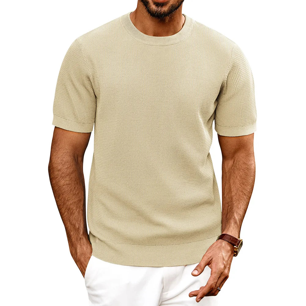 PJ Men Gentleman Basic Textured Knitted T-Shirt Short Sleeve Crew Neck Tops Knitwear High Stretch Fashion - Clothing Tops in ##color## by Style Heaven | High-Quality & Trendy Fashion