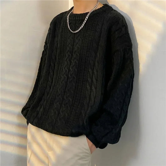 New Men's Sweater Loose-Fit Round Neck Casual Knitted Top Trendy Brand Autumn Winter Vintage Hong Kong Style Cozy Pullover-Style Heaven