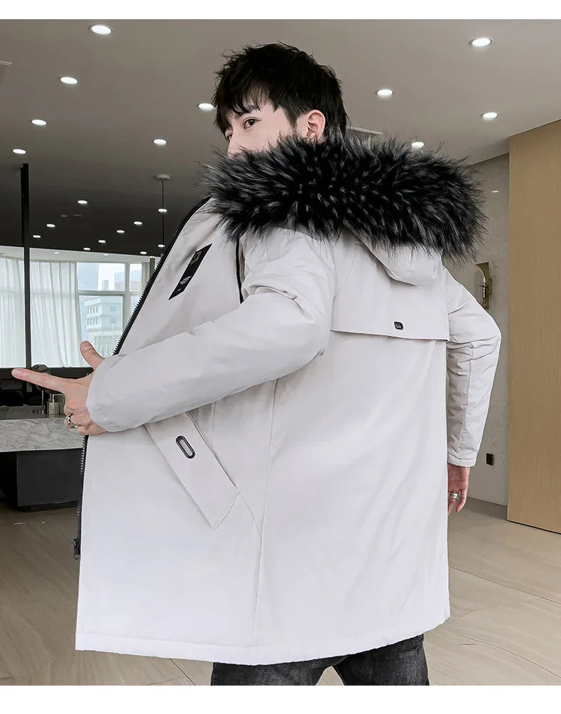 New Men's Medium-Length Thickened Cotton Jacket With Hoodie Warm Anti-Cold Loose Fit From China Mainland For All Seasons-Style Heaven