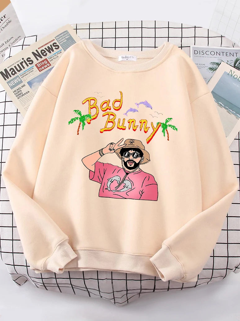 Bad Bunny Beach Vacation Printing Hoodie Woman vintage S-XXL Hoody Korean High Quality Sweatshirt Street Casual Women's Top-Style Heaven