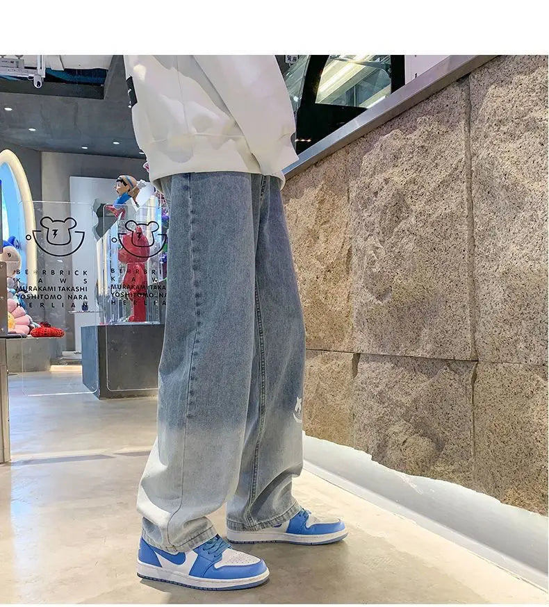 Male New Straight Vintage Gradient Washed Denim Pants Baggy Light Blue Black Casual Jeans  Printed  Fashion Hip Hop Streetwear-Style Heaven