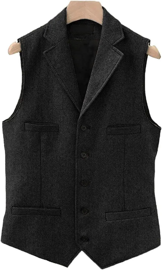 Tweed Herringbone Mens Suit Vest Slim Fit Notch Lapel With 4 Pockets Groomsmen Wedding Waistcoat For Wedding-Style Heaven