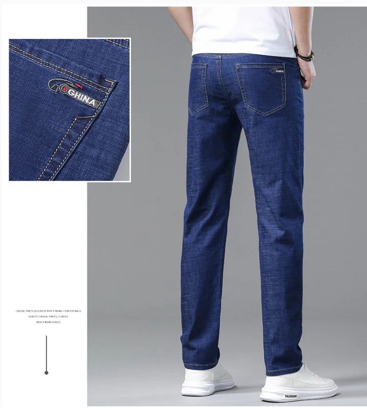 2025 Spring Summer Thin Classic Men's Business Jeans Stretch Trousers Casual Straight Denim Pants  Brand Male Clothing 28-40-Style Heaven