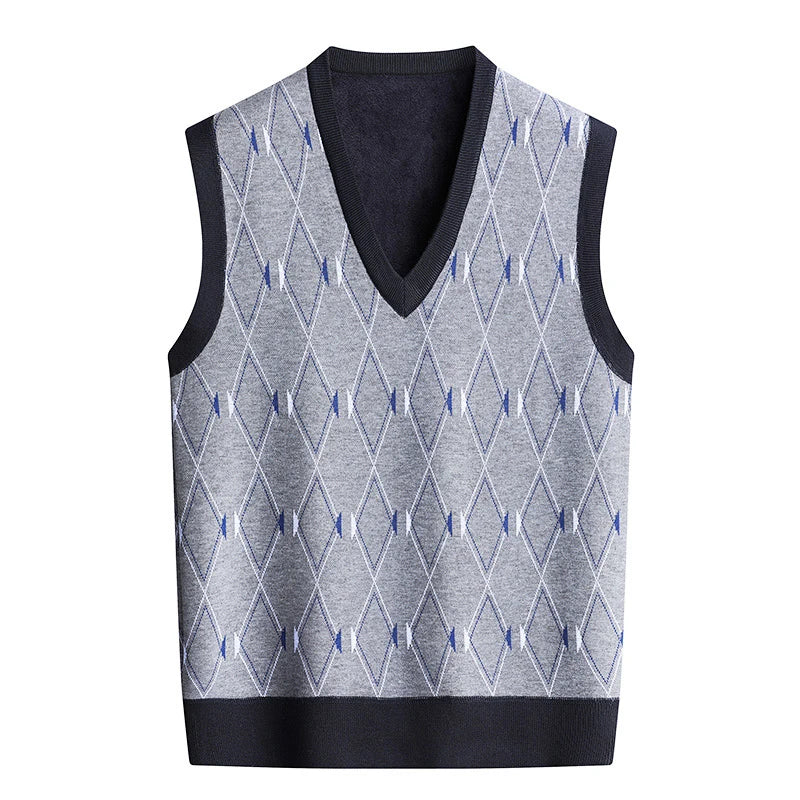 Men‘s V-neck Sweater Vest Autumn Winter Fleece Lining Knit Waistcoat Warm Homme Clothes Fashion Pullover-Style Heaven